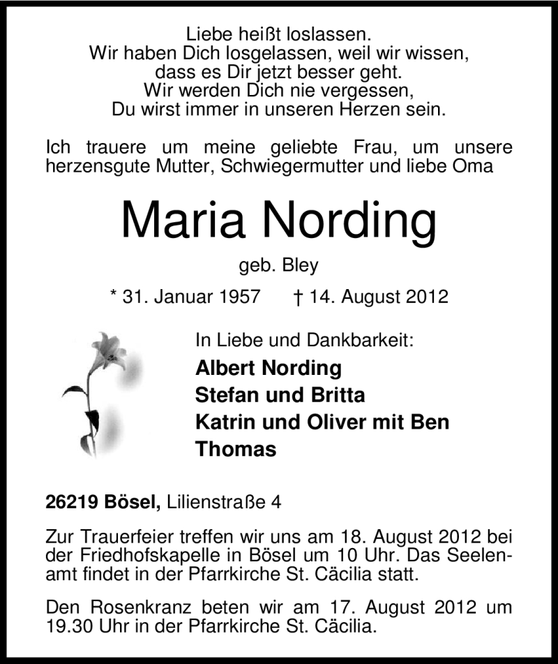  Traueranzeige für Maria Nording vom 16.08.2012 aus Nordwest-Zeitung