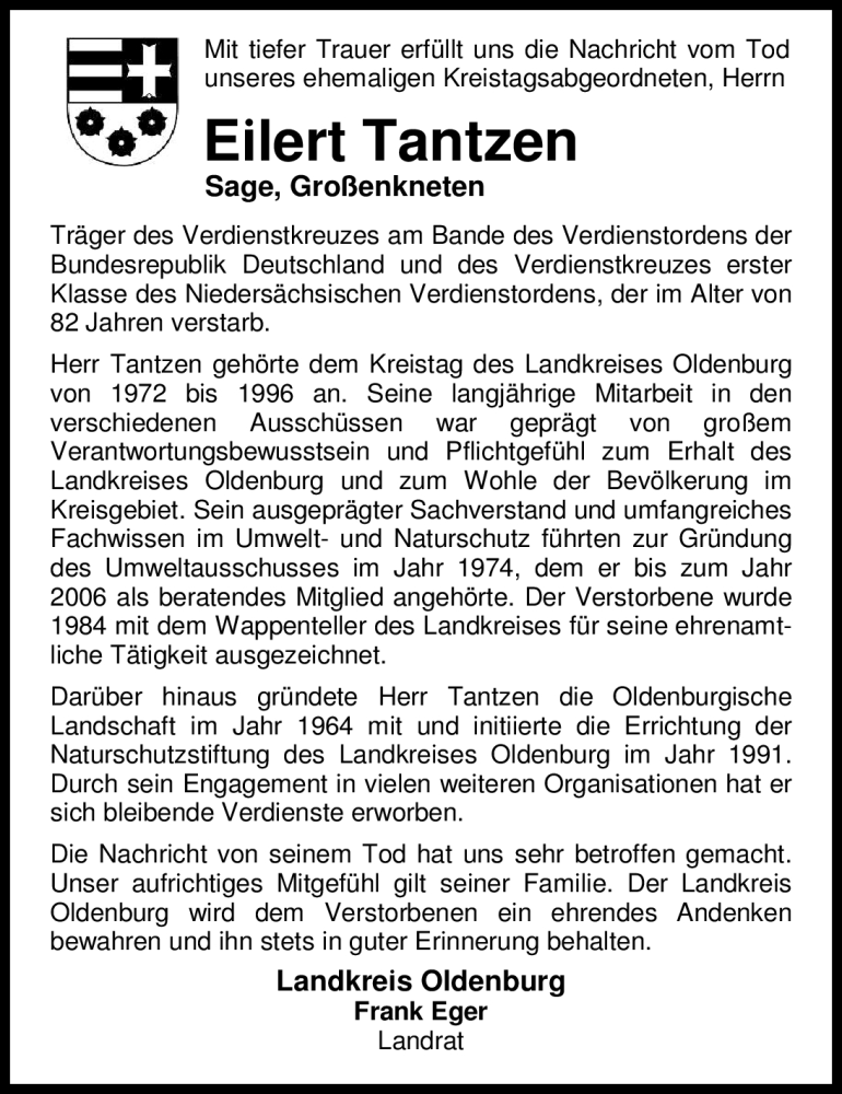  Traueranzeige für Eilert Tantzen vom 17.08.2012 aus Nordwest-Zeitung