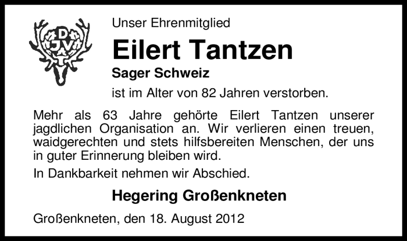  Traueranzeige für Eilert Tantzen vom 18.08.2012 aus Nordwest-Zeitung
