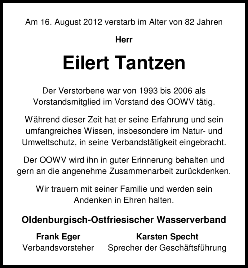  Traueranzeige für Eilert Tantzen vom 18.08.2012 aus Nordwest-Zeitung