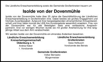 Traueranzeige von Isolde von der Dovenmühle von Nordwest-Zeitung