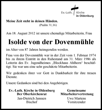 Traueranzeige von Isolde von der Dovenmühle von Nordwest-Zeitung