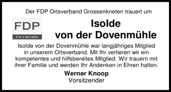 Traueranzeige von Isolde von der Dovenmühle von Nordwest-Zeitung