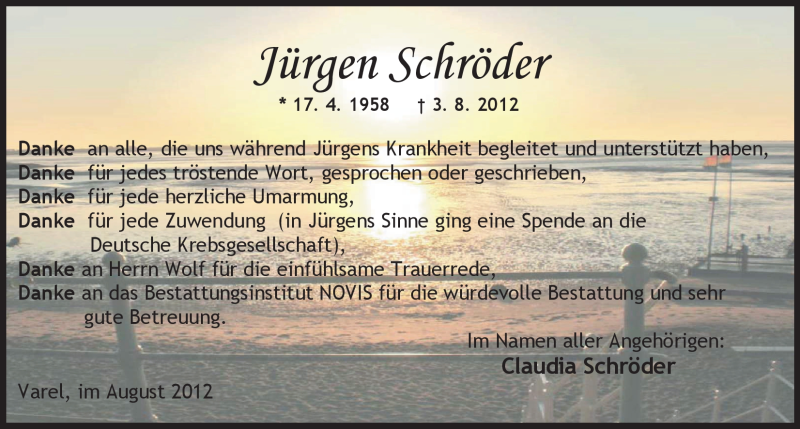  Traueranzeige für Jürgen Schröder vom 25.08.2012 aus Nordwest-Zeitung