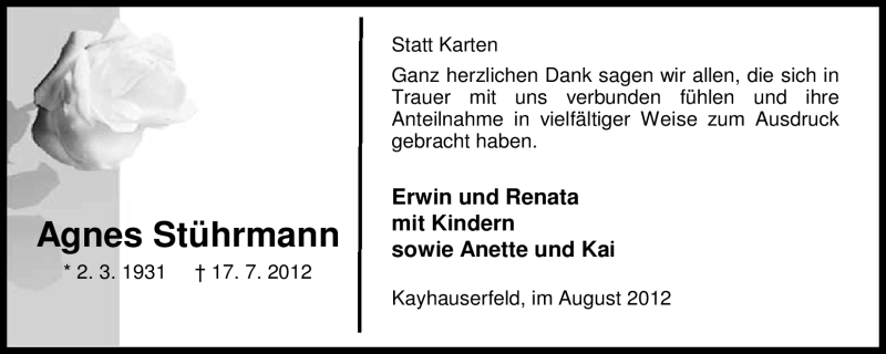  Traueranzeige für Agnes Stührmann vom 25.08.2012 aus Nordwest-Zeitung