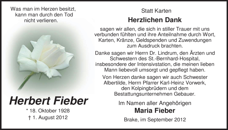  Traueranzeige für Herbert Fieber vom 01.09.2012 aus Nordwest-Zeitung