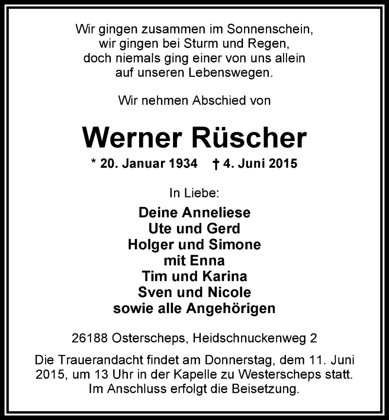  Traueranzeige für Werner Rüscher vom 09.06.2015 aus Nordwest-Zeitung