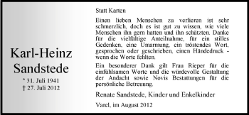 Traueranzeige von Karl-Heinz Sandstede von Nordwest-Zeitung