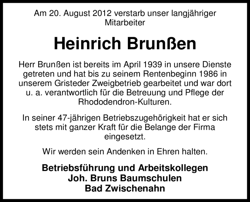  Traueranzeige für Heinrich Brunßen vom 30.08.2012 aus Nordwest-Zeitung