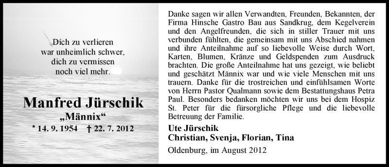  Traueranzeige für Manfred Jürschik vom 01.09.2012 aus Nordwest-Zeitung