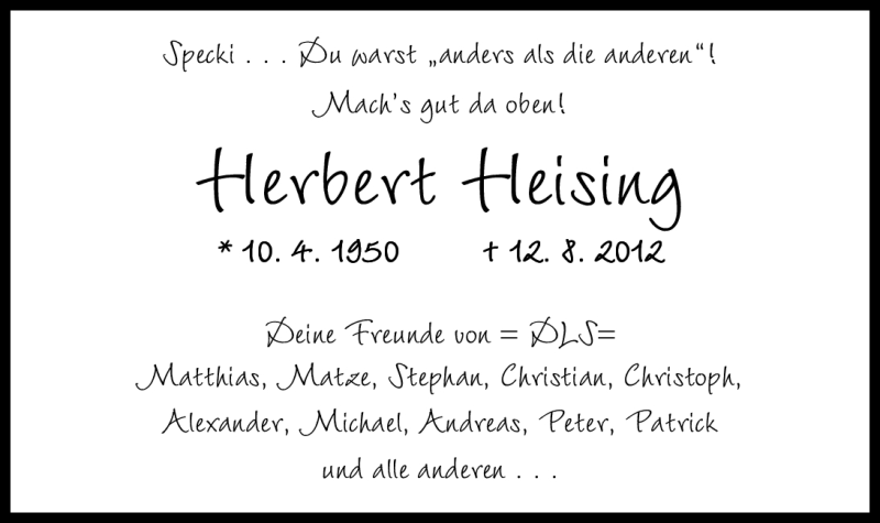 Traueranzeige für Herbert Heising vom 03.09.2012 aus Nordwest-Zeitung