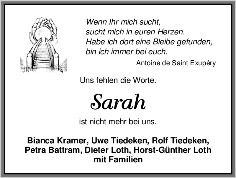  Traueranzeige für Sarah Schröder vom 03.09.2012 aus Nordwest-Zeitung