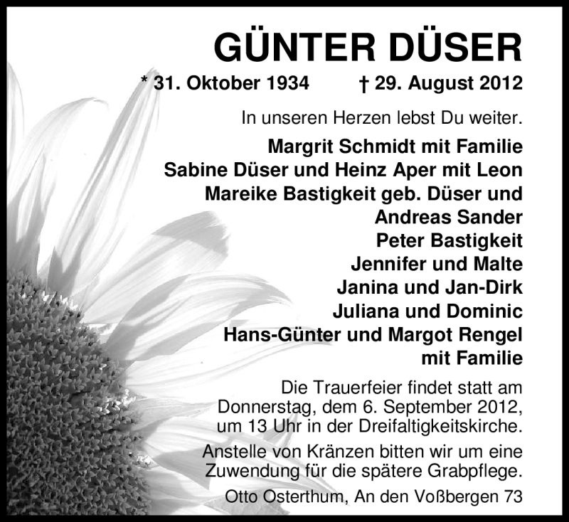  Traueranzeige für Günter Düser vom 04.09.2012 aus Nordwest-Zeitung