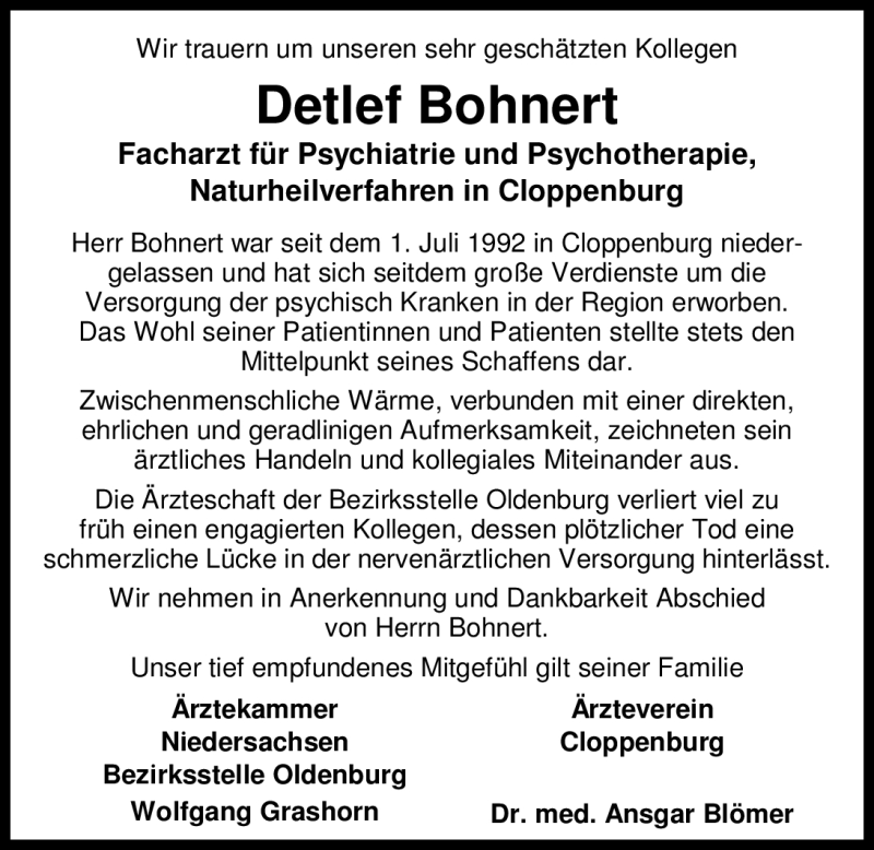  Traueranzeige für Detlef Bohnert vom 07.09.2012 aus Nordwest-Zeitung