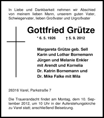 Traueranzeige von Gottfried Grütze von Nordwest-Zeitung