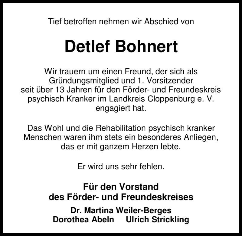  Traueranzeige für Detlef Bohnert vom 07.09.2012 aus Nordwest-Zeitung