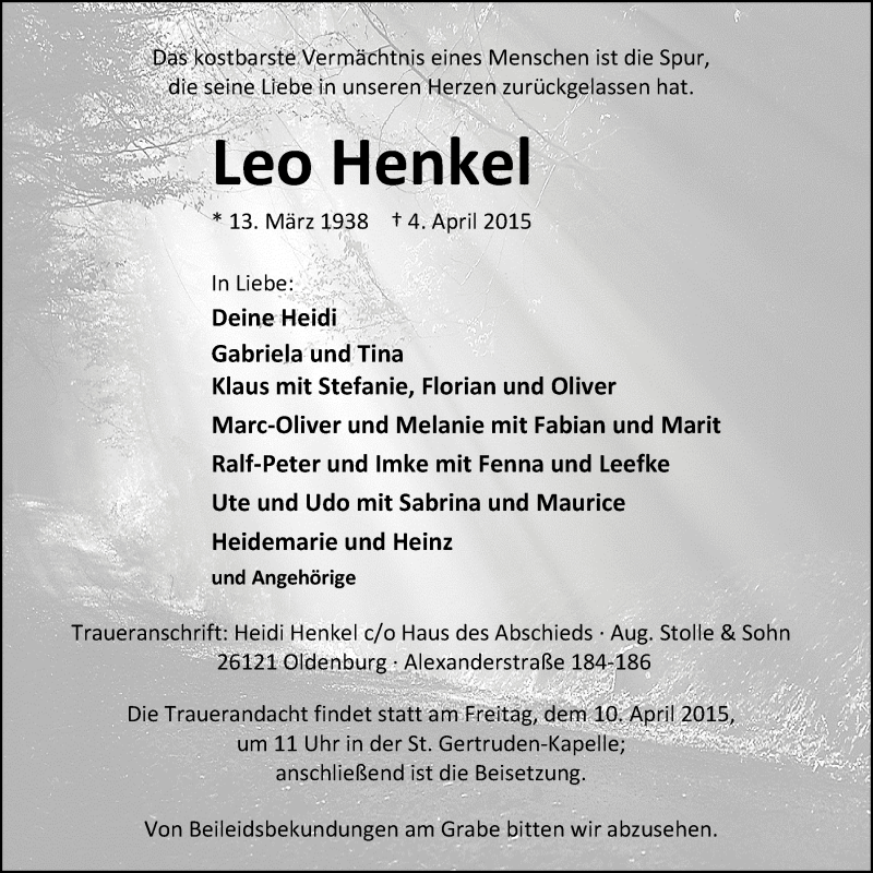  Traueranzeige für Leo Henkel vom 07.04.2015 aus Nordwest-Zeitung