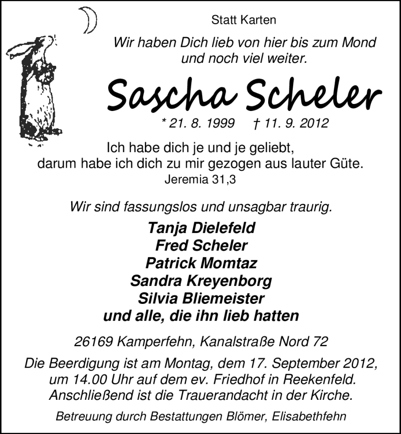  Traueranzeige für Sascha Scheler vom 13.09.2012 aus Nordwest-Zeitung