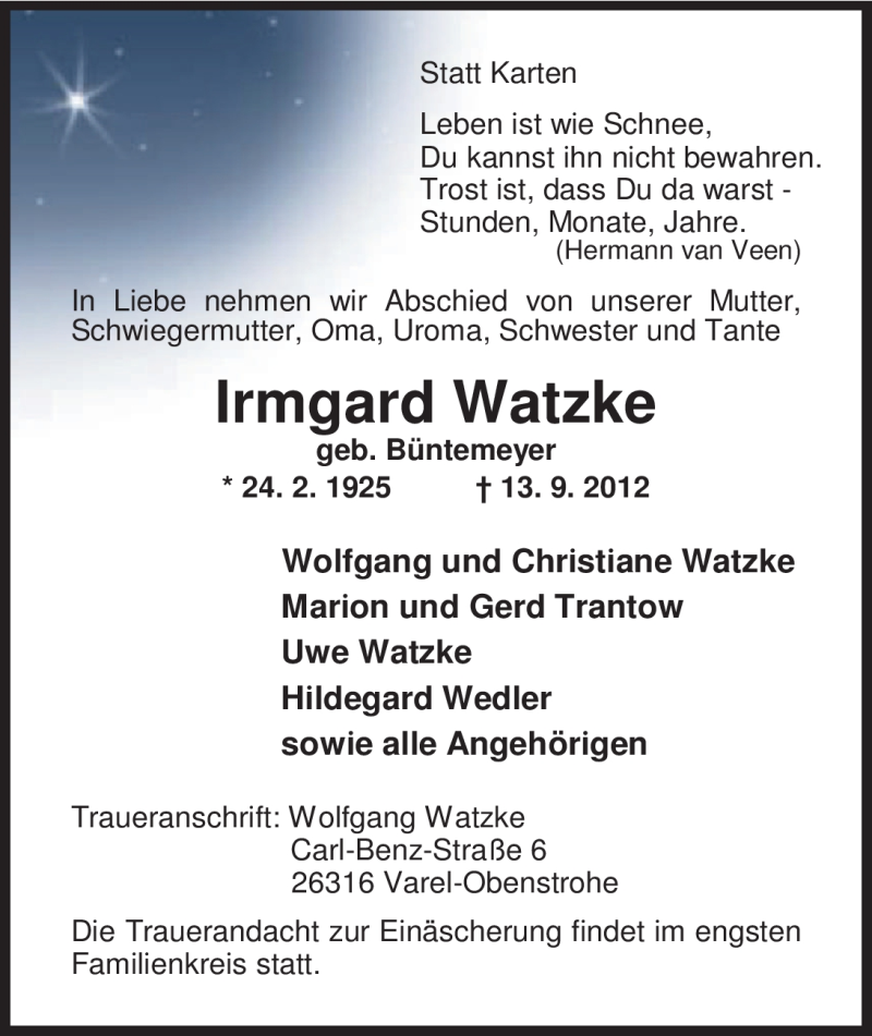  Traueranzeige für Irmgard Watzke vom 15.09.2012 aus Nordwest-Zeitung