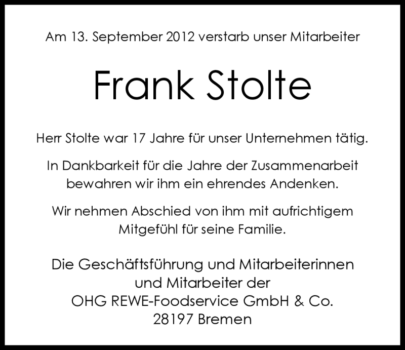  Traueranzeige für Frank Stolte vom 22.09.2012 aus Nordwest-Zeitung