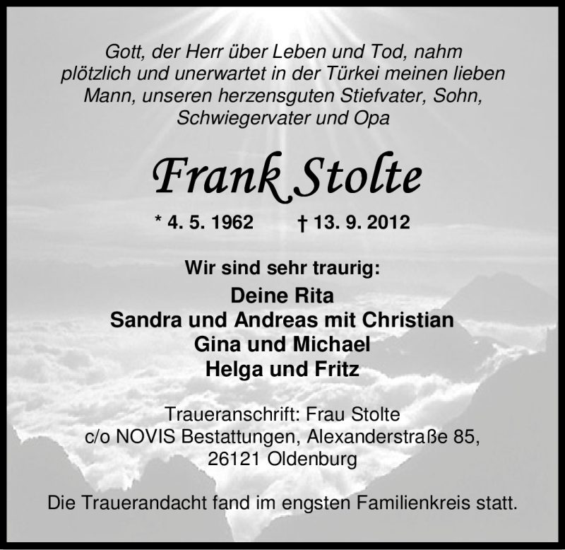  Traueranzeige für Frank Stolte vom 22.09.2012 aus Nordwest-Zeitung