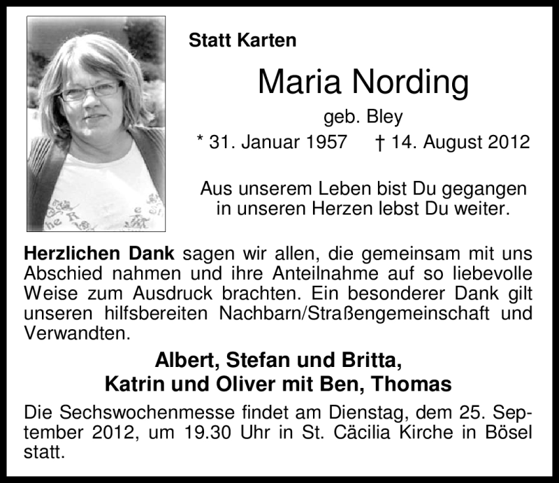  Traueranzeige für Maria Nording vom 24.09.2012 aus Nordwest-Zeitung