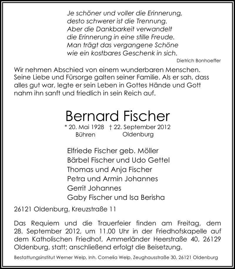  Traueranzeige für Bernard Fischer vom 24.09.2012 aus Nordwest-Zeitung