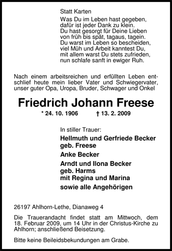 Traueranzeige von Friedrich Johann Freese von Nordwest-Zeitung