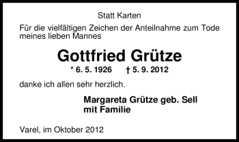 Traueranzeige von Gottfried Grütze von Nordwest-Zeitung