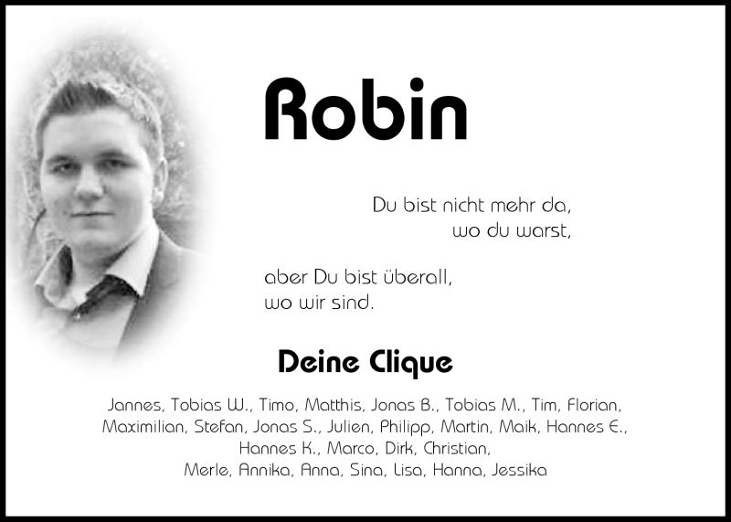  Traueranzeige für Robin Rockstroh vom 08.10.2012 aus Nordwest-Zeitung