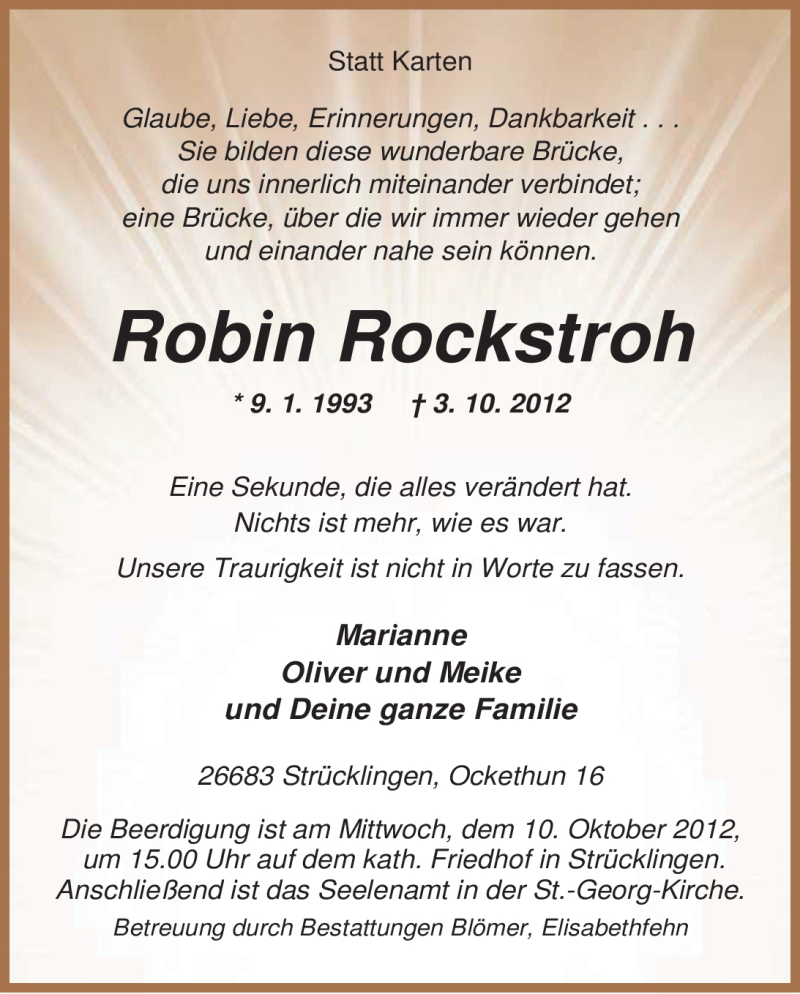  Traueranzeige für Robin Rockstroh vom 06.10.2012 aus Nordwest-Zeitung