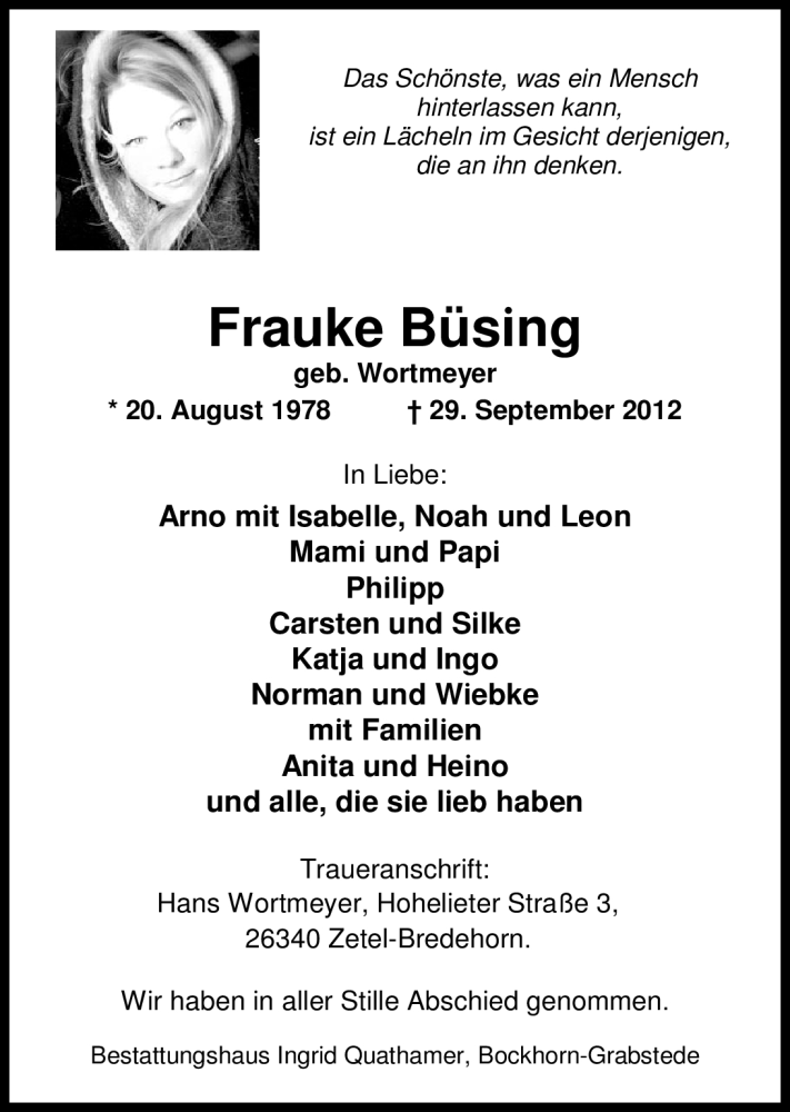  Traueranzeige für Frauke Büsing vom 10.10.2012 aus Nordwest-Zeitung