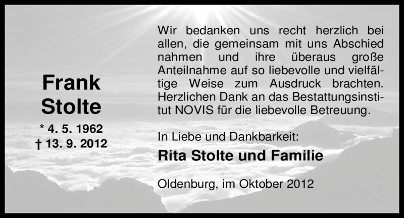  Traueranzeige für Frank Stolte vom 13.10.2012 aus Nordwest-Zeitung