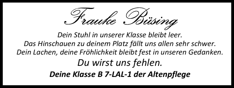  Traueranzeige für Frauke Büsing vom 13.10.2012 aus Nordwest-Zeitung