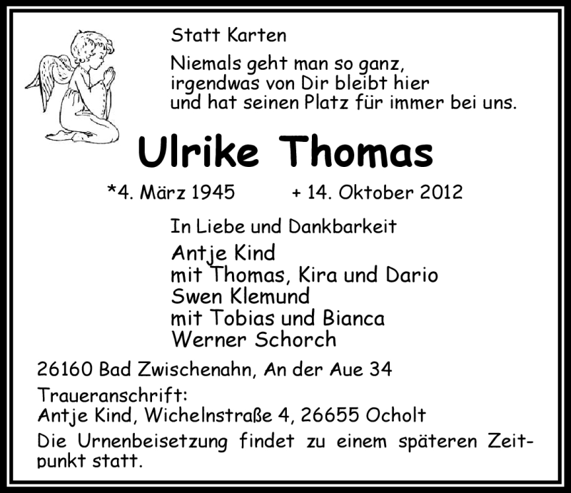  Traueranzeige für Ulrike Thomas vom 16.10.2012 aus Nordwest-Zeitung