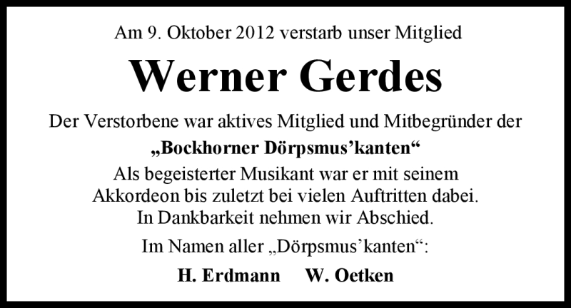  Traueranzeige für Werner Gerdes vom 19.10.2012 aus Nordwest-Zeitung