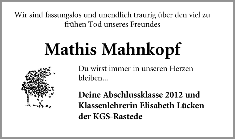  Traueranzeige für Mathis Mahnkopf vom 19.10.2012 aus Nordwest-Zeitung