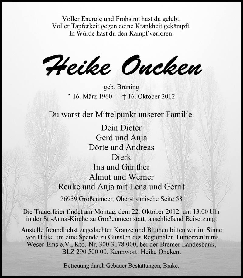  Traueranzeige für Heike Oncken vom 18.10.2012 aus Nordwest-Zeitung