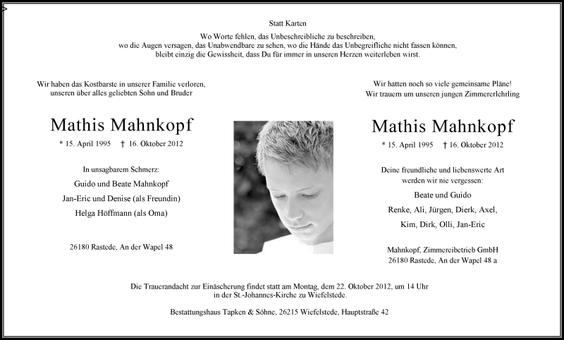  Traueranzeige für Mathis Mahnkopf vom 19.10.2012 aus Nordwest-Zeitung