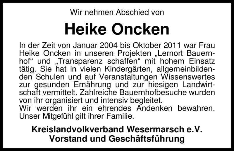  Traueranzeige für Heike Oncken vom 19.10.2012 aus Nordwest-Zeitung