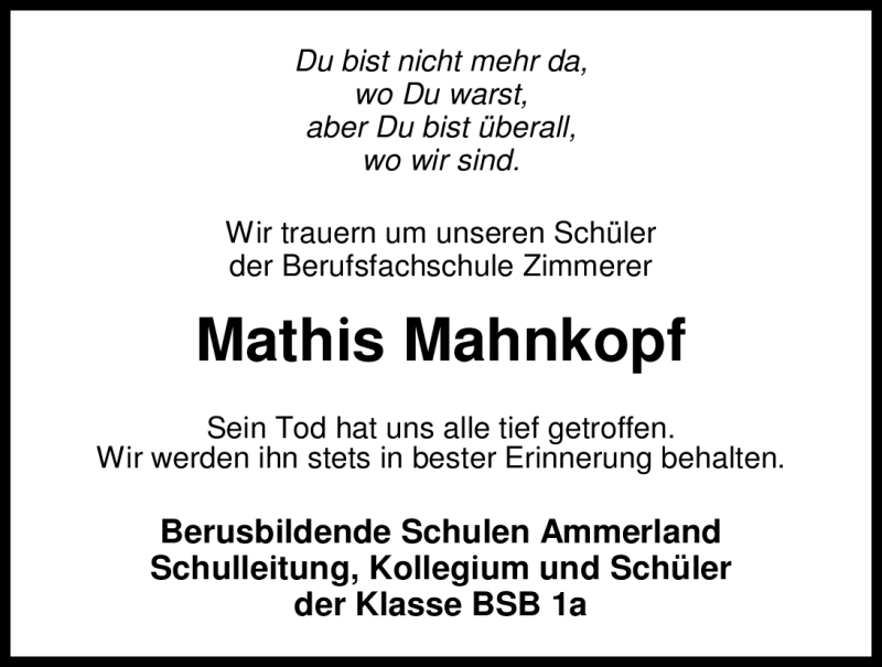  Traueranzeige für Mathis Mahnkopf vom 20.10.2012 aus Nordwest-Zeitung