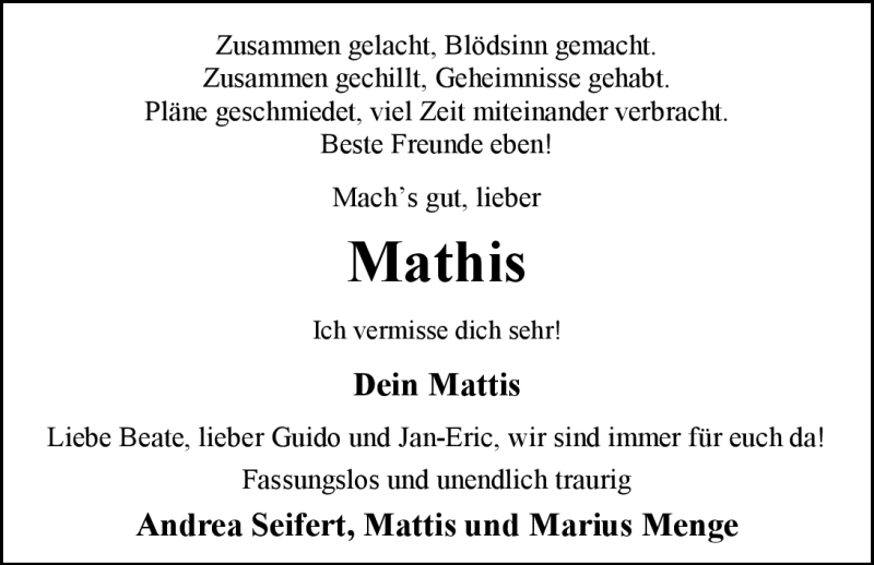  Traueranzeige für Mathis Mahnkopf vom 20.10.2012 aus Nordwest-Zeitung