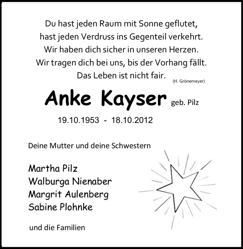  Traueranzeige für Anke Kayser vom 22.10.2012 aus Nordwest-Zeitung