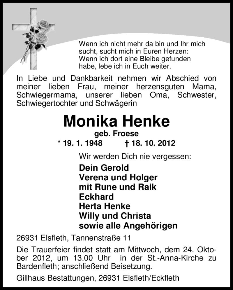  Traueranzeige für Monika Henke vom 20.10.2012 aus Nordwest-Zeitung