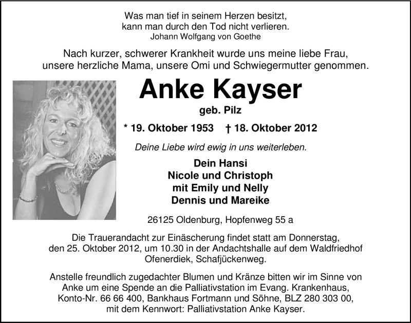  Traueranzeige für Anke Kayser vom 22.10.2012 aus Nordwest-Zeitung