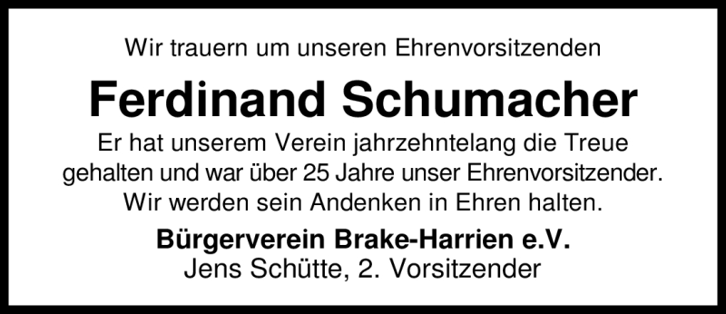  Traueranzeige für Ferdinand Schumacher vom 30.10.2012 aus Nordwest-Zeitung