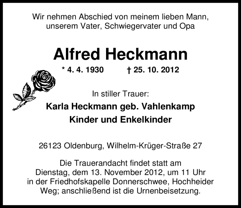  Traueranzeige für Alfred Heckmann vom 07.11.2012 aus Nordwest-Zeitung