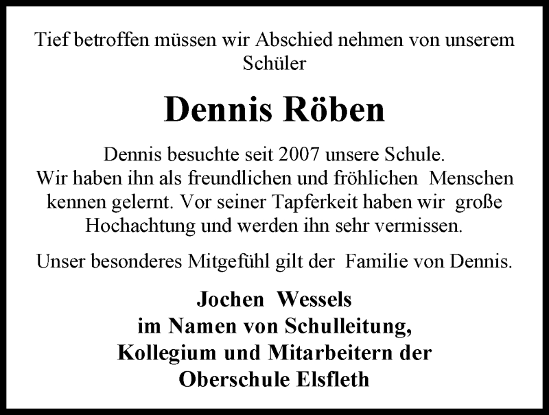  Traueranzeige für Dennis Röben vom 09.11.2012 aus Nordwest-Zeitung