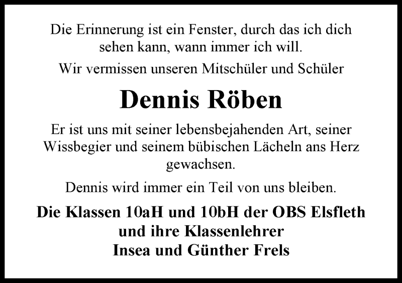  Traueranzeige für Dennis Röben vom 09.11.2012 aus Nordwest-Zeitung