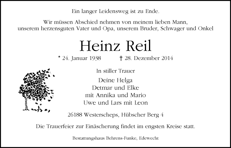 Traueranzeige für Heinz Reil vom 30.12.2014 aus Nordwest-Zeitung